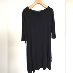 Eileen Fisher black knit 3/4 sleeve midi dress | size M